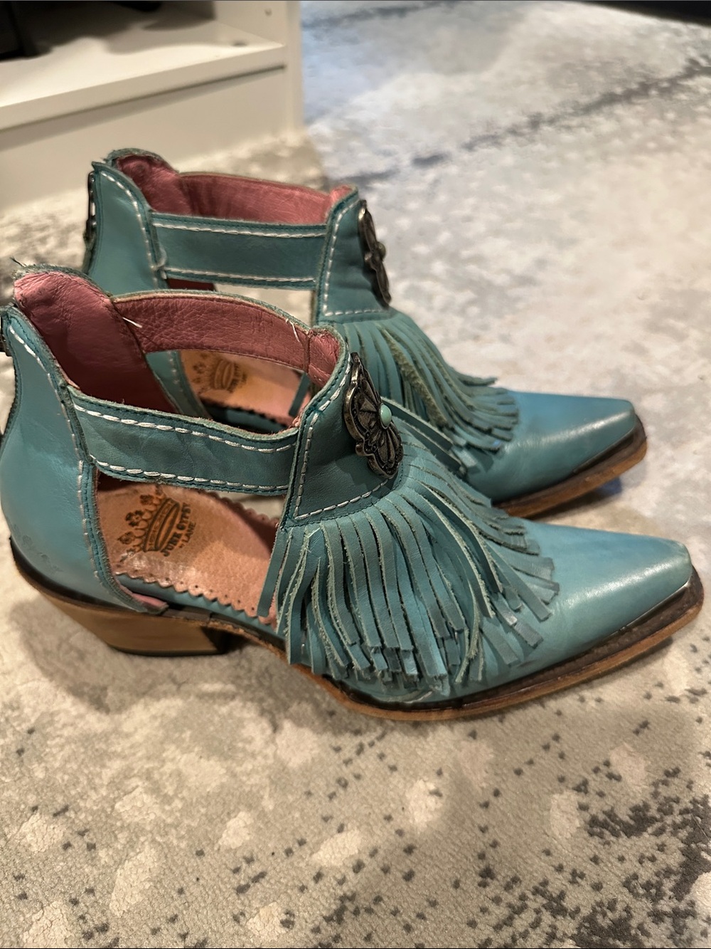 Fringed Turquoise Women's Ankle Booties with Concho Detail - Picture 2 of 3